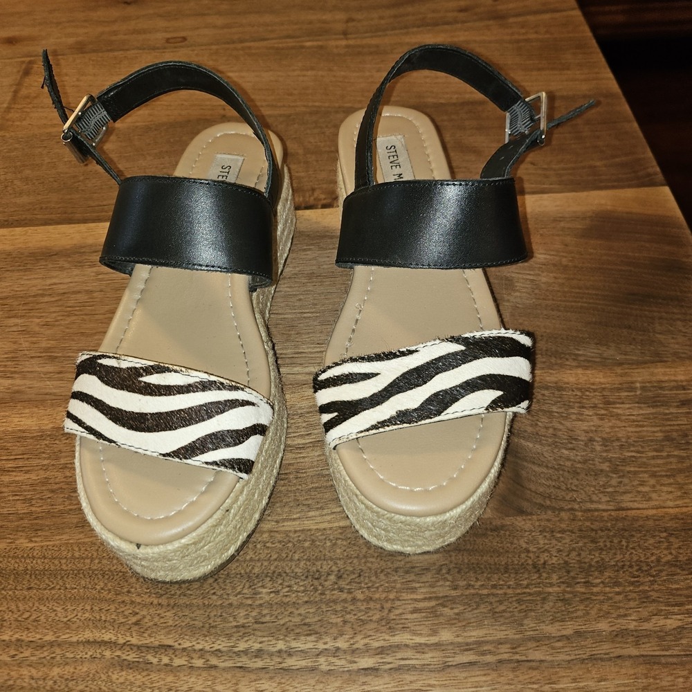 Steve Madden Ladies Catia Platform Sandals With Black  And Zebra Calf Hair Strap